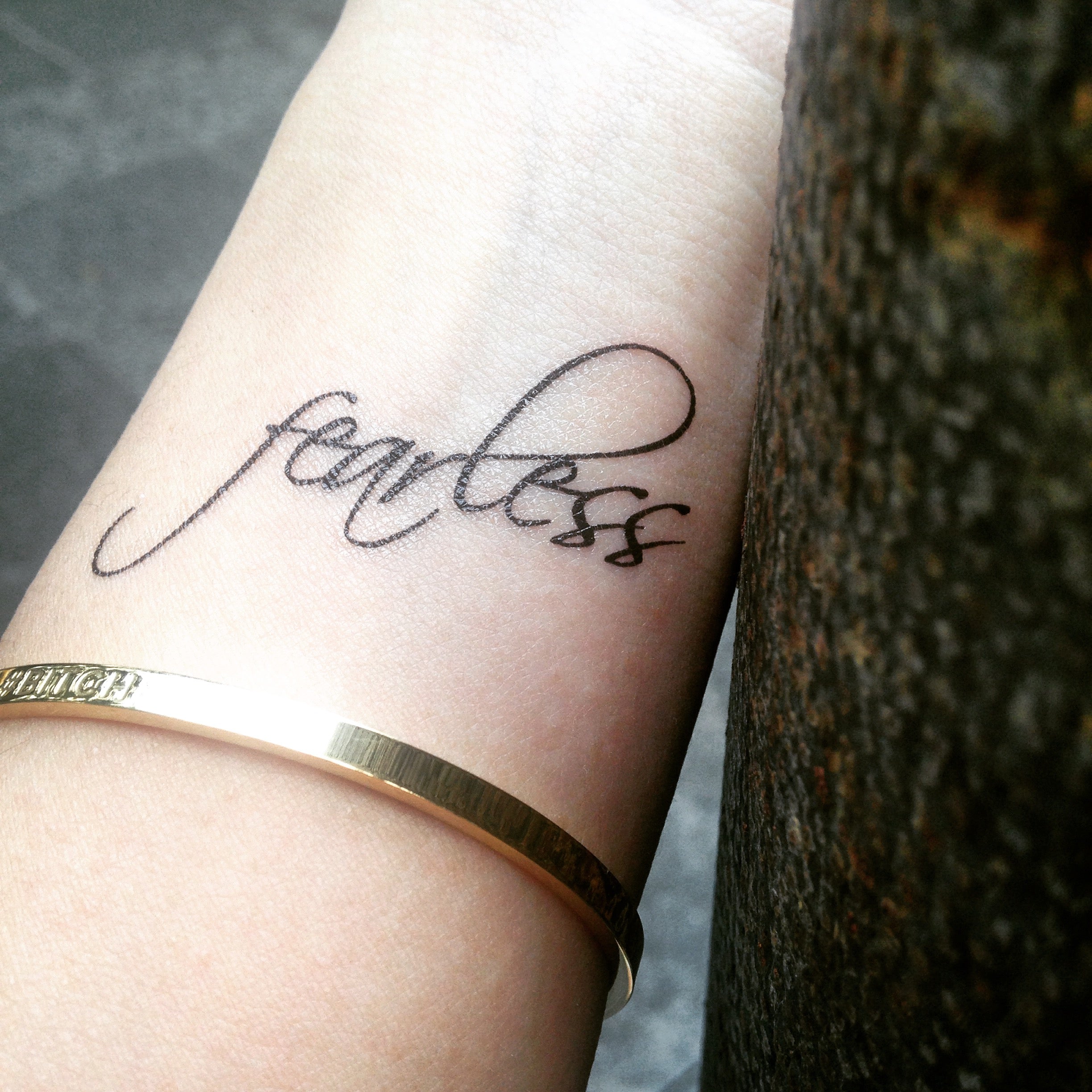 small fearless custom lettering signature temporary tattoo