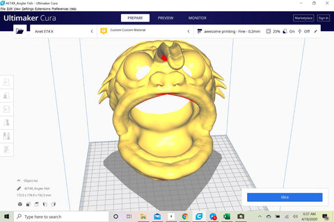 An angler fish model is being edited on Cura