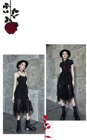 Women's Rose Embroidered Multi-layered Mesh Hem Dresses