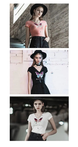 Women's V-neck Eyelets Butterfly Pattern Fitted T-shirts