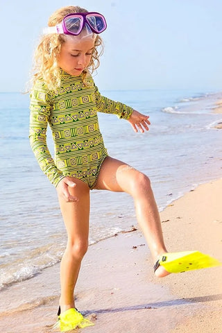Long sleeve high collar green swimsuit for kids