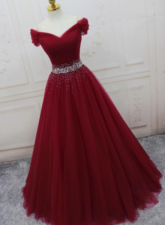 Wine Red Elegant Princess Gown, Handmade Off Shoulder Ball Gowns