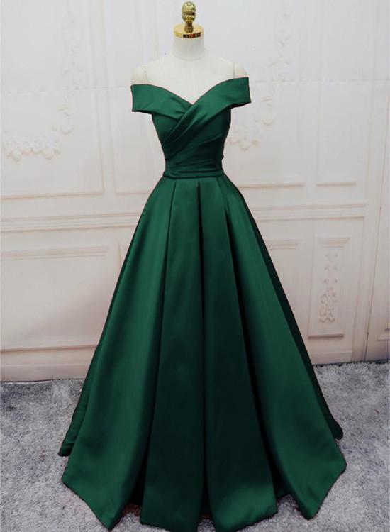 Green Satin Off Shoulder Lace-Up Formal Gown