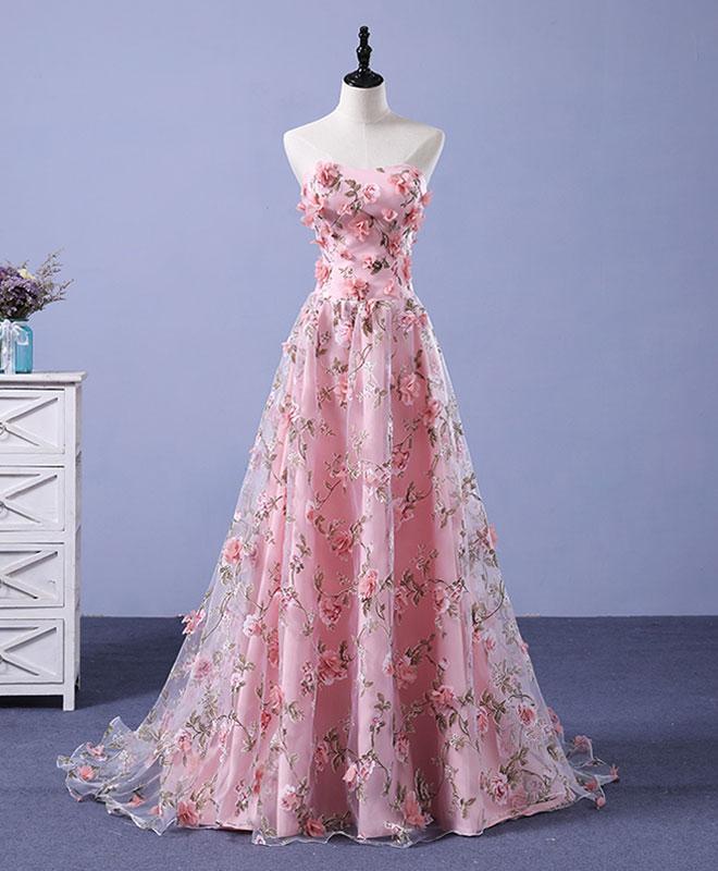 Pink Floral Lace Long A-Line Prom Dress, Lace-Up Party Dress