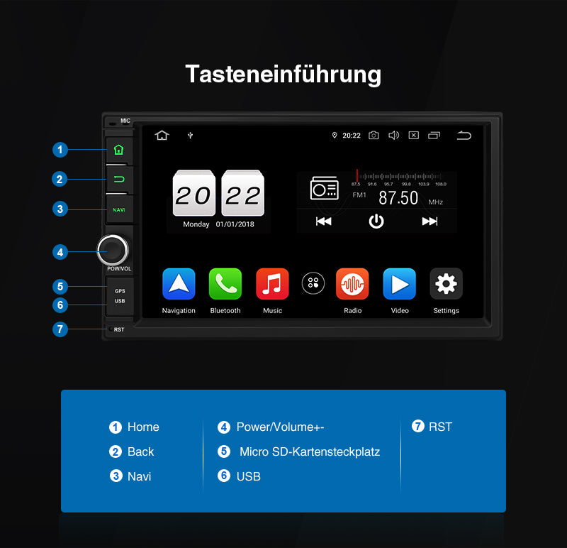 Pumpkin 2 Din Autoradio Android 9,0 Universal 7 Zoll Bildschirm Radio mit Navi Bluetooth, Unterstützt USB/SD Android Auto CarPlay DAB+ WIFI