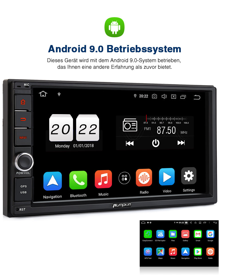 Pumpkin 2 Din Autoradio Android 9,0 Universal 7 Zoll Bildschirm Radio mit Navi Bluetooth, Unterstützt USB/SD Android Auto CarPlay DAB+ WIFI