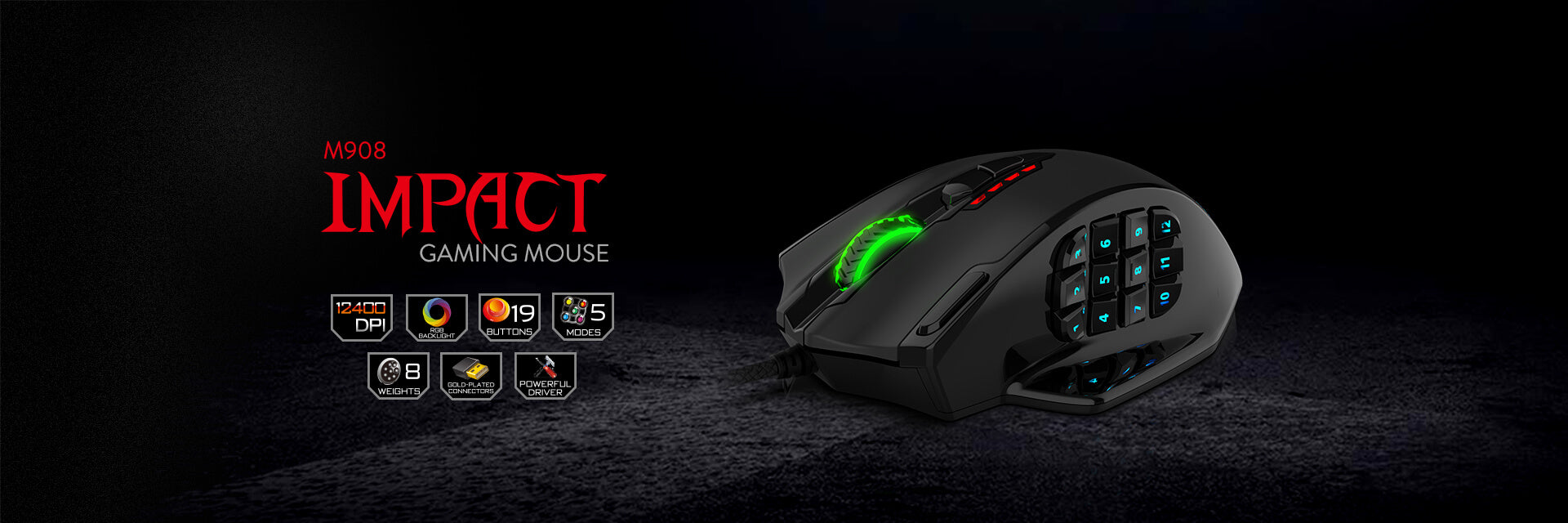 Redragon Impact RGB LED MMO Mouse with Side Buttons Laser Wired Gaming Mouse