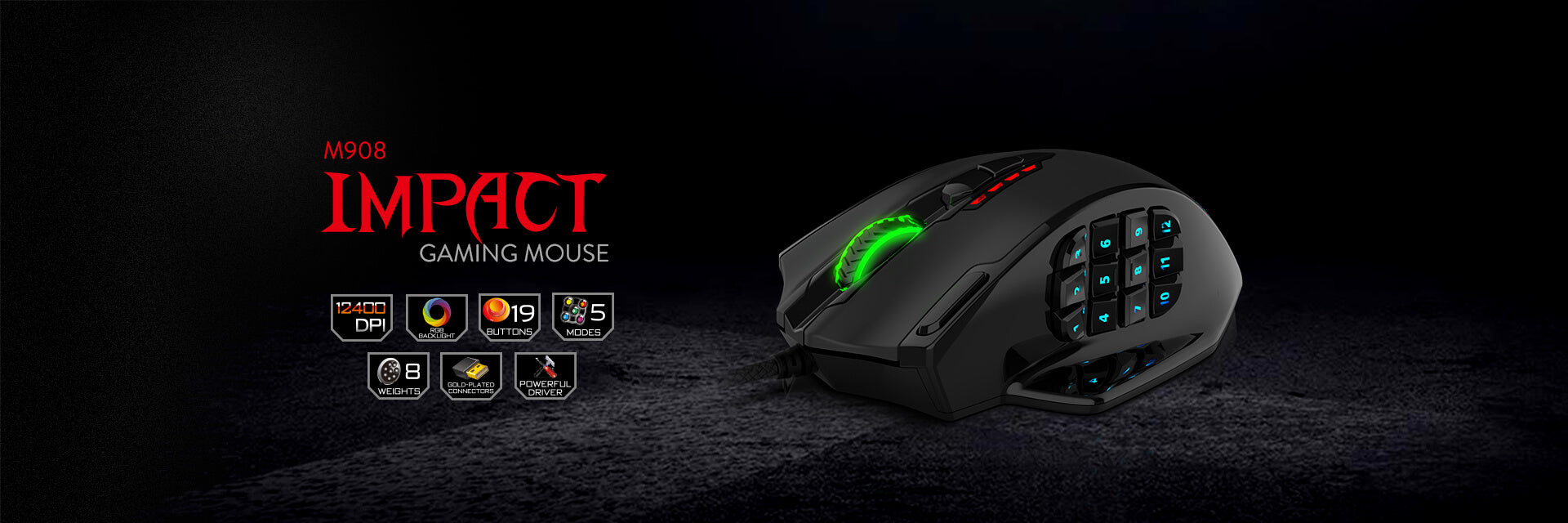 Redragon Impact RGB LED MMO Mouse with Side Buttons Laser Wired Gaming Mouse open-box