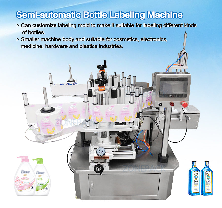 ZONEPACK ZS-TB210 Semi Automatic Double Size Tube Sticker Water Flat Bottle Labeling Machine For Bottles Label Dispenser Machine