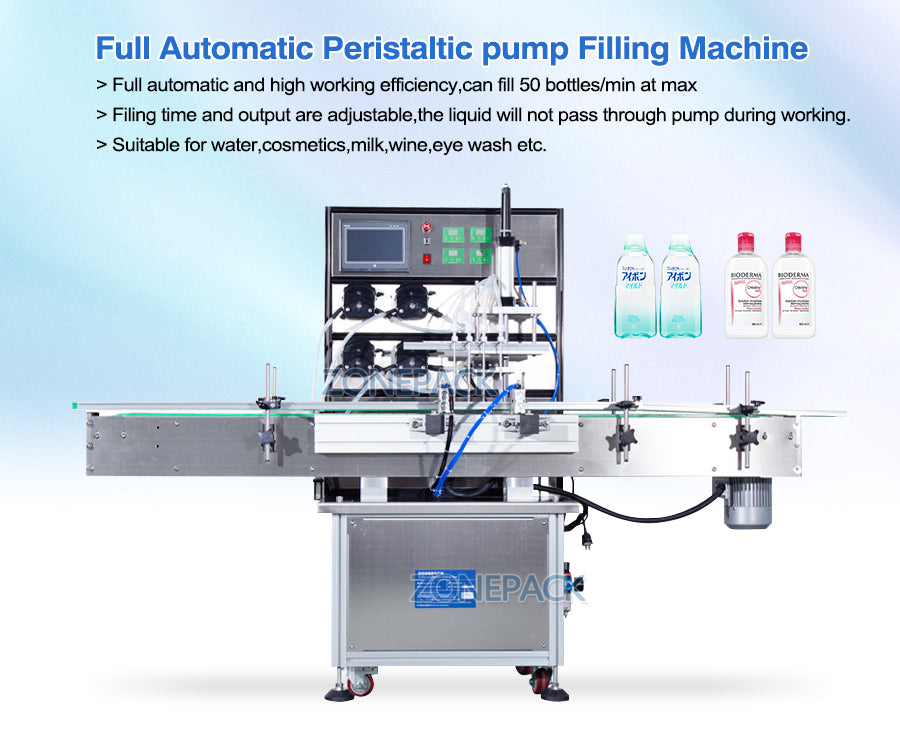 ZONEPACK Peristaltic Pump Filling Machine Aerosol Soda Beverage Wine Drink Perfume Bottle Water Automatic Packing Making Machines