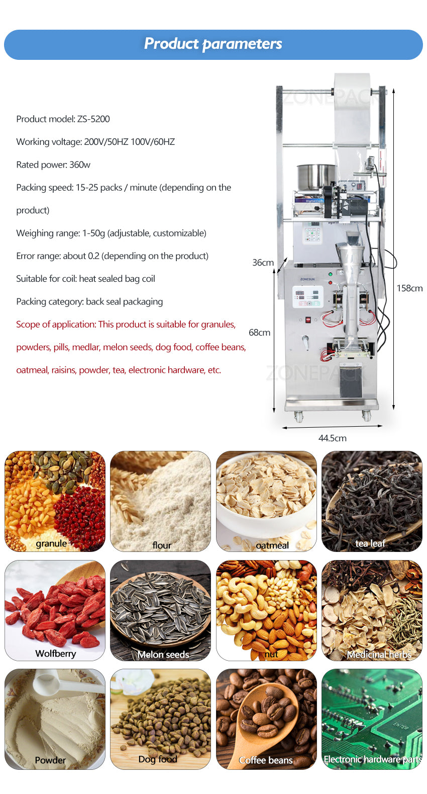 ZONEPACK Food Coffee Bean Grain Автоматическая упаковочная машина для взвешивания Машина для наполнения порошком Сумка с обратной стороны уплотнения с принтером даты 
