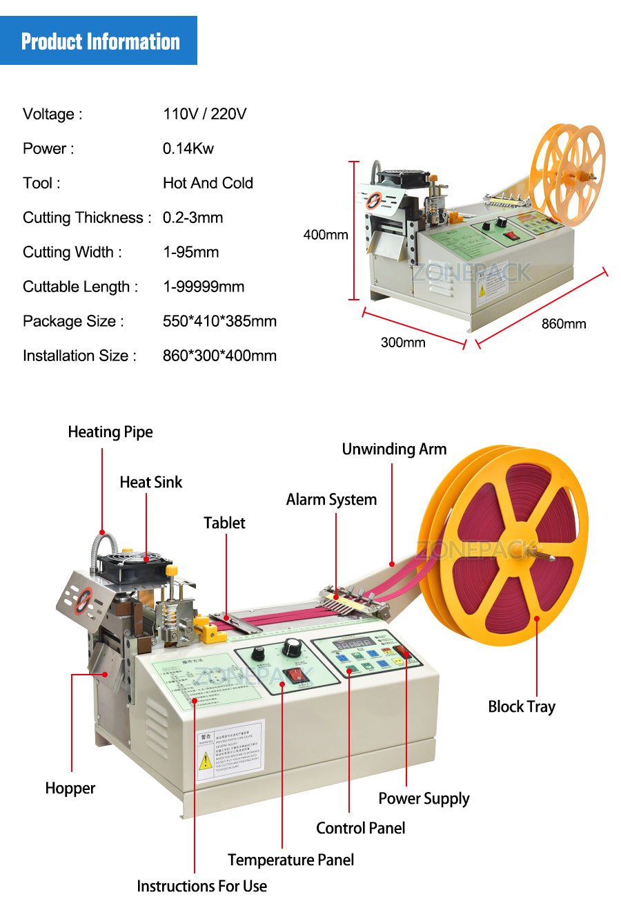 ZONEPACK Hot and cold Electrical automatic Mask rope cutting machine nose bridge ear belt rope Nylon Tapes cutting machine