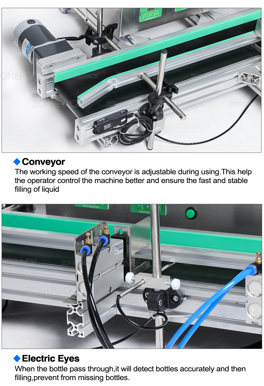 ZONEPACK Full Automatic Desktop CNC Liquid Filling Machine With Conveyor Bottle Filling Machine Perfume Juice Milk Water Filler