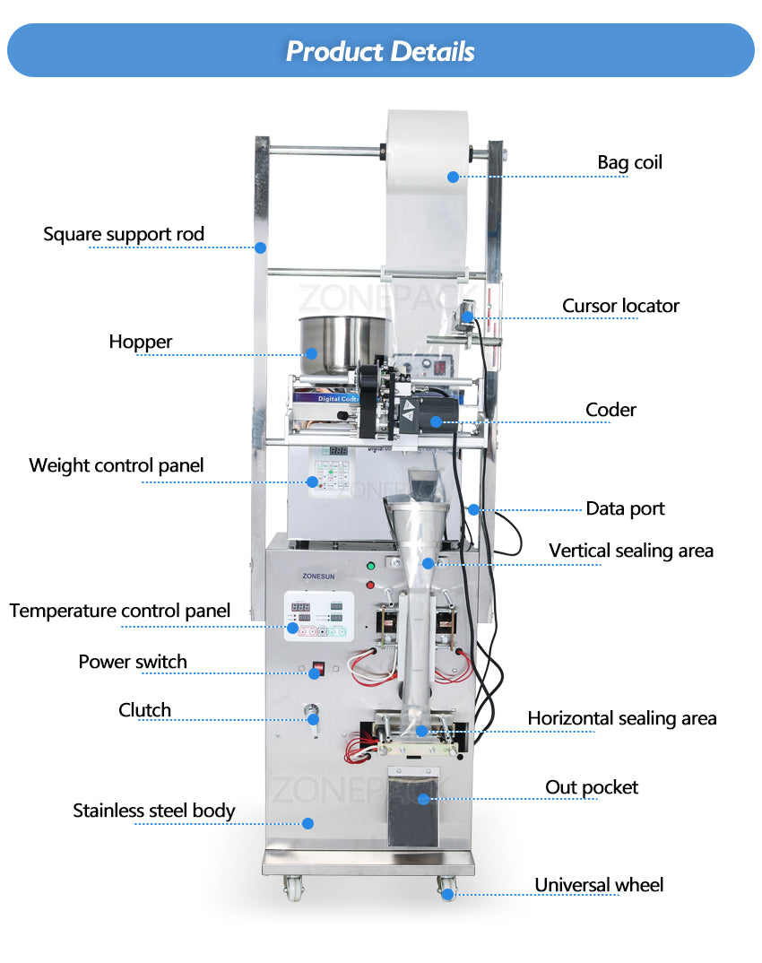 ZONEPACK Food Coffee Bean Grain Автоматическая упаковочная машина для взвешивания Машина для наполнения порошком Сумка с обратной стороны уплотнения с принтером даты 