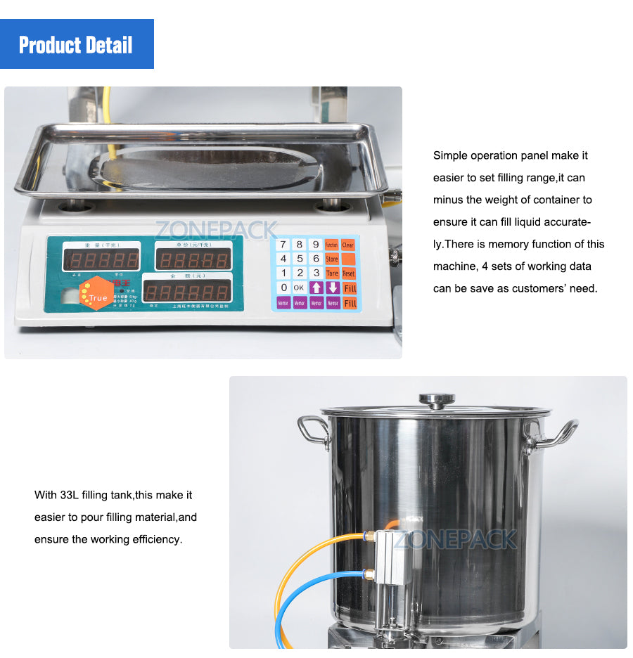 ZONEPACK Semi Automatic Paste Filling Machines Pneumatic Can Honey Cooking Oil Beverage Small Bottle Weighing Filling Machine