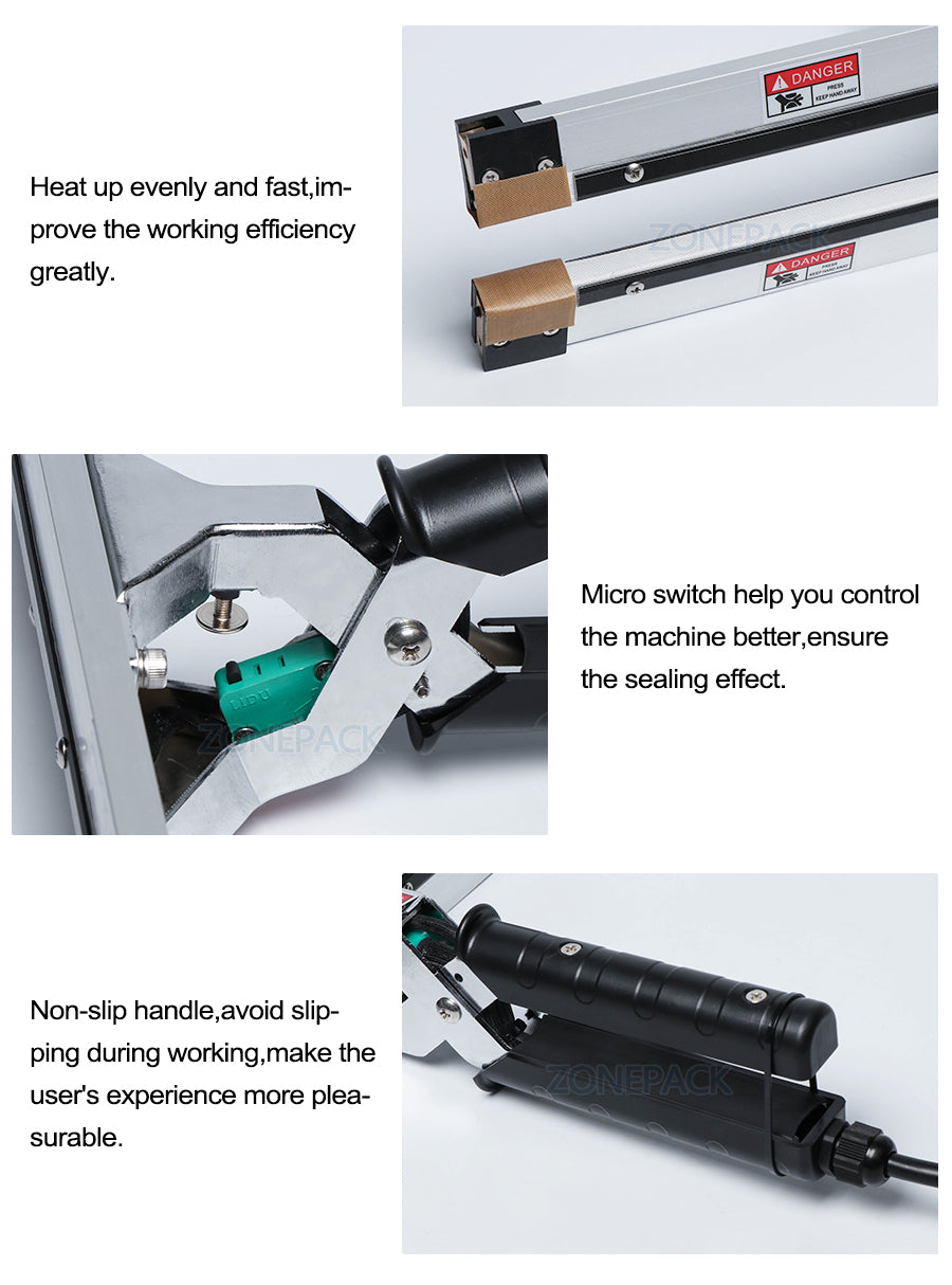 ZONEPACK Instant Hot Plier Портативная импульсная машина для запайки алюминиевых вакуумных композитных пленочных масок Упаковочная машина 