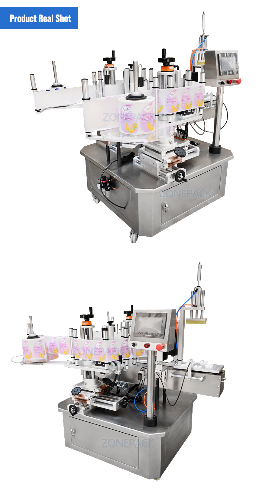 ZONEPACK ZS-TB210 Semi Automatic Double Size Tube Sticker Water Flat Bottle Labeling Machine For Bottles Label Dispenser Machine