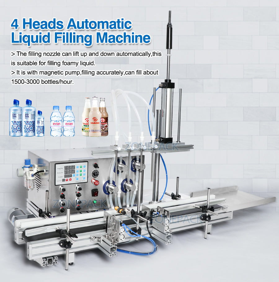 ZONEPACK ZS-DTMP4D 4 сопла Магнитный насос Автоматический настольный наполнитель для жидкой воды с конвейером Машина для наполнения спиртом, этанолом, парфюмерией