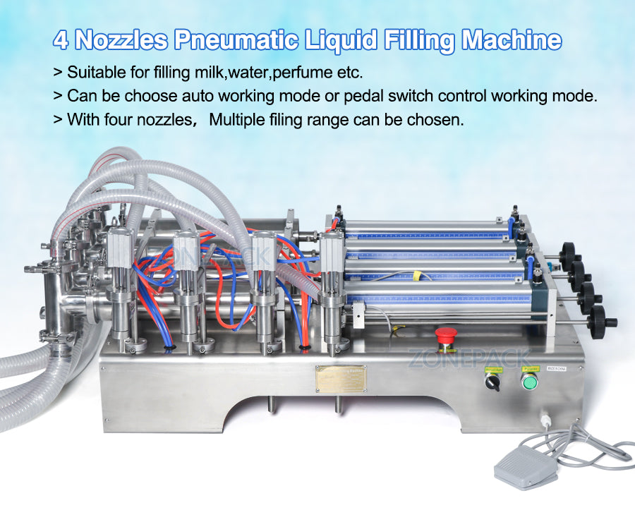 ZONEPACK 4 Heads Pneumatic Auto Filling Machine Horizontal Essential Oil water Perfume filler Food Beverage Machinery 4 Nozzles
