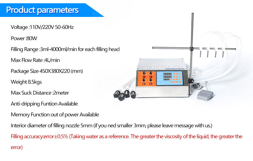 ZONEPACK 4 Heads Liquid Filling Machine 3-4000ml