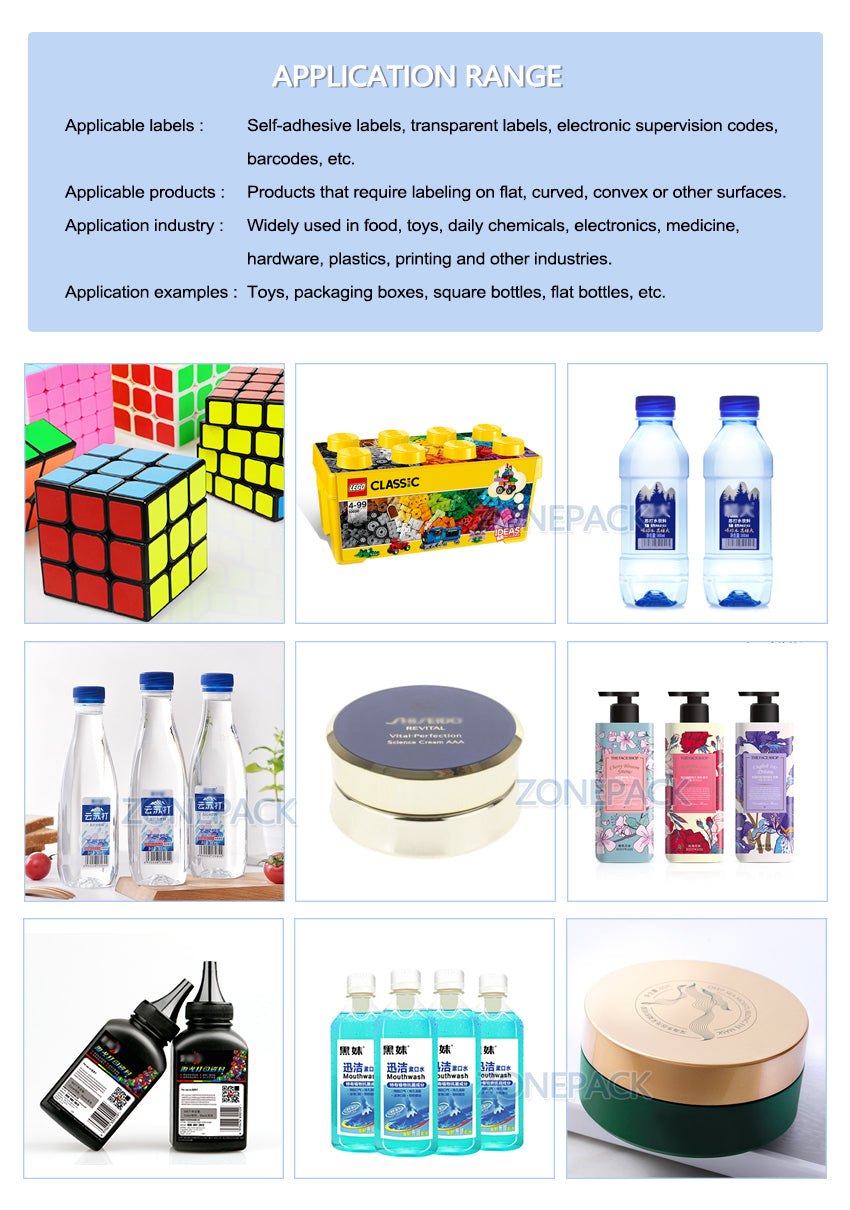 ZONEPACK XL-T803 Semi-automatic Model PET Plastic Model Arc Surface Flat Bottle Sticker Labeling Machine