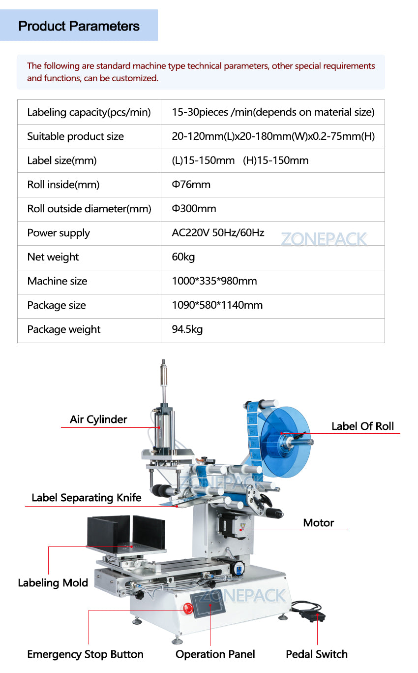 ZONEPACK XL-T803 Semi-automatic Model PET Plastic Model Arc Surface Flat Bottle Sticker Labeling Machine