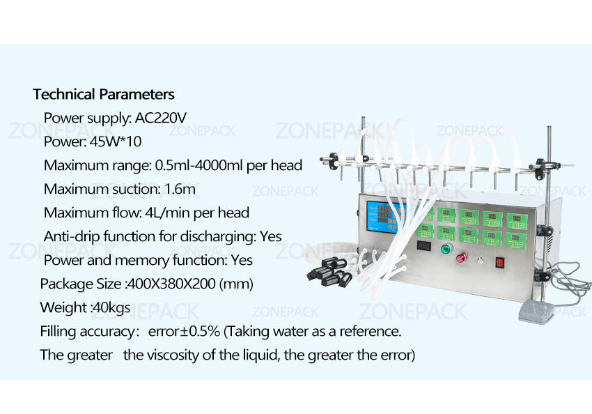ZONEPACK Electric Digital Control Pump Liquid Filling Machine Perfume water Juice Essential Oil With 10 Heads