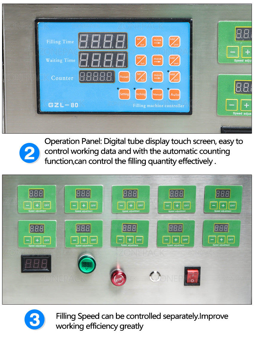 ZONEPACK Electric Digital Control Pump Liquid Filling Machine Perfume water Juice Essential Oil With 10 Heads