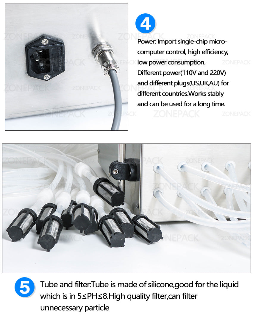 ZONEPACK Electric Digital Control Pump Liquid Filling Machine Perfume water Juice Essential Oil With 10 Heads