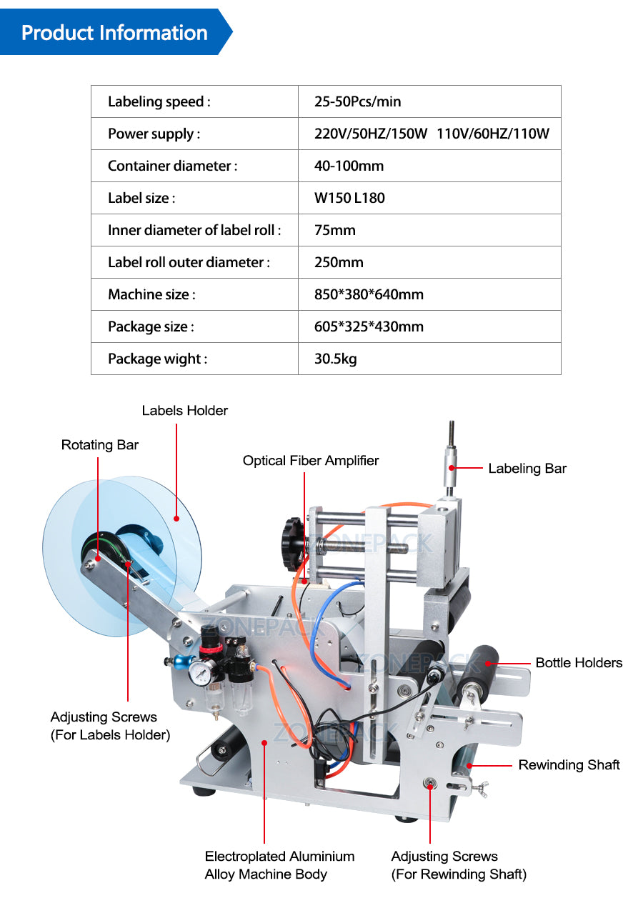 ZOENSUN TB-80 Desktop Pneumatic Semi Automatic Round Bottle Labeling Machines