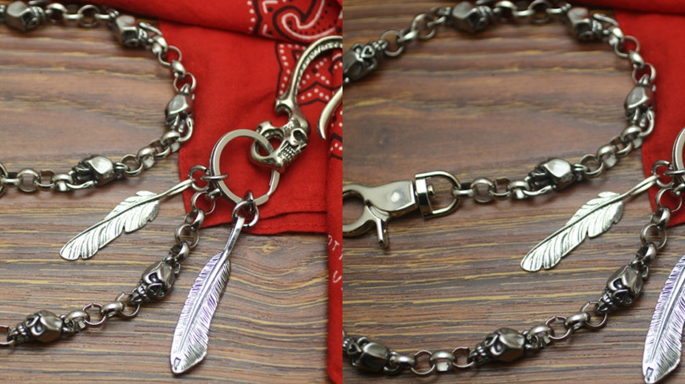 Badass Handmade Silver Stainless Steel 22'' Skulls Long Wallet Chain with Feather Charms