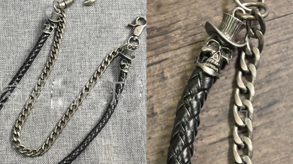 Cool Silver Leather Metal Slilver Double Long Skull Wallet Chain