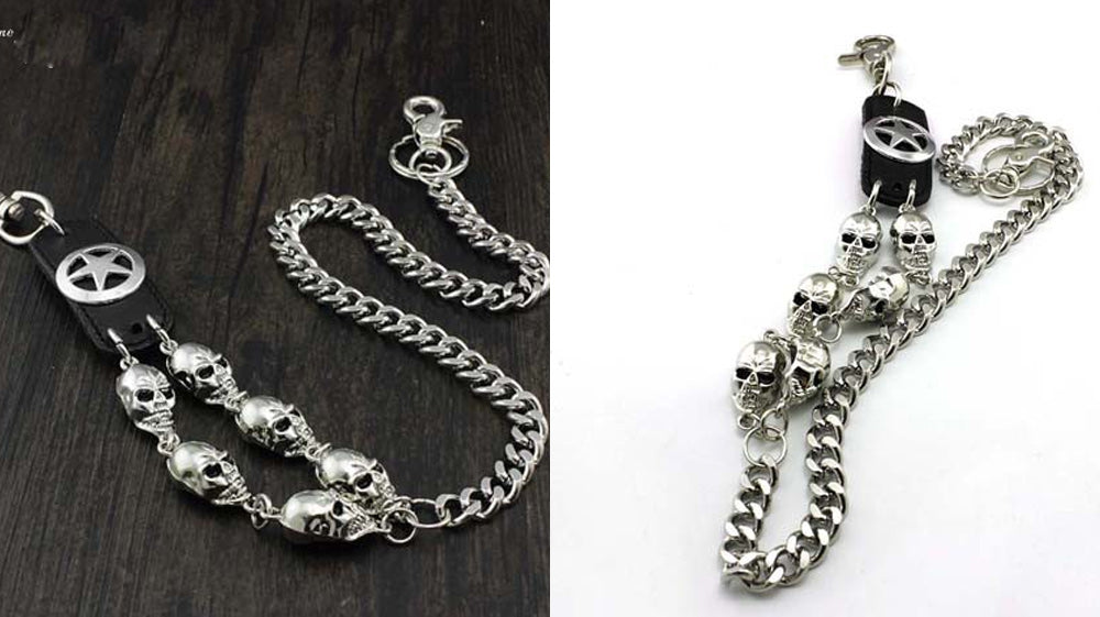 Fashion Silver 28'' Long Stainless Steel Double Skull Wallet Chain with Keyring