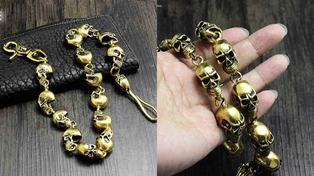 Cool Gold Brass Long Skull Wallet Chain for Men