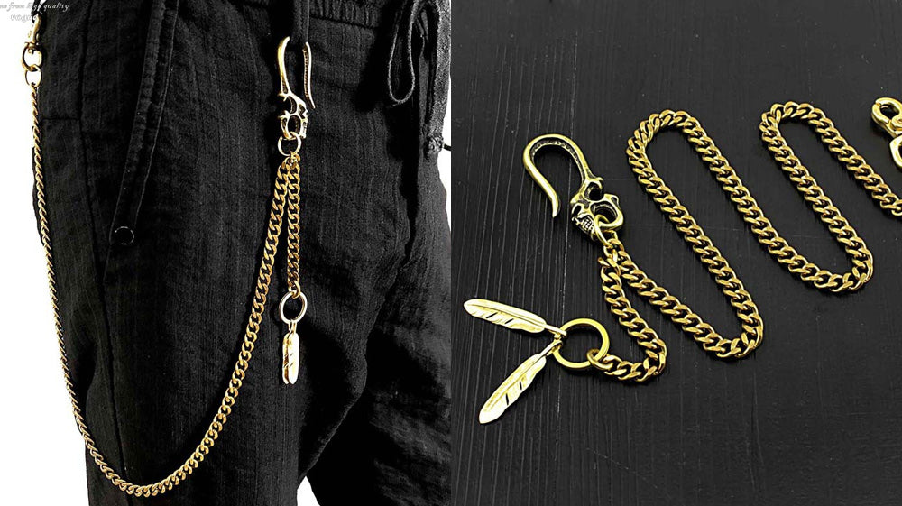 Fashion Brass Skulls Long Wallet Chain with Feather Charms