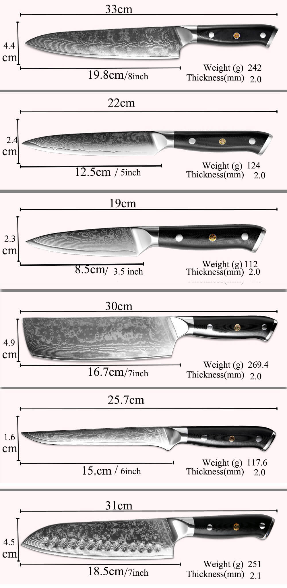 Damascus Kitchen Knife Set - Size