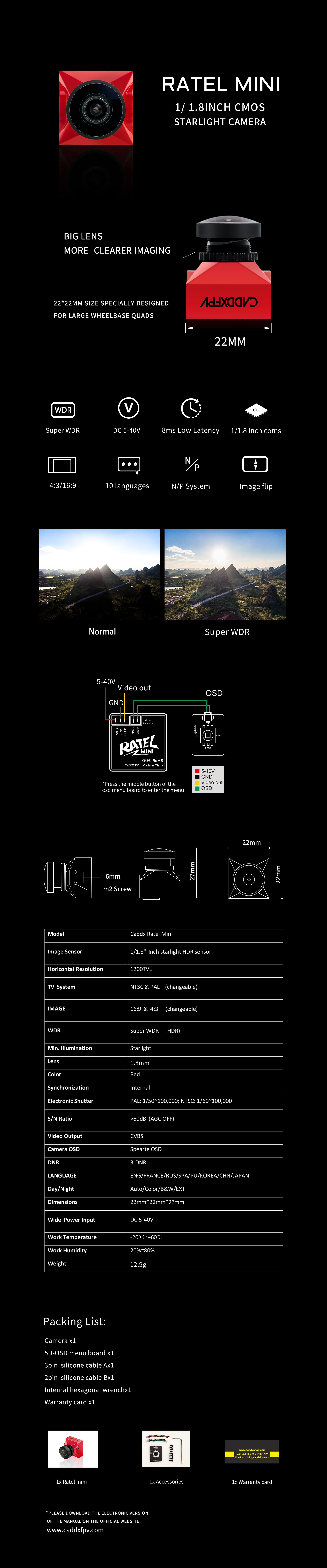 22mm Mini Size Caddx Ratel Starlight Super WDR 1200TVL FPV Camera