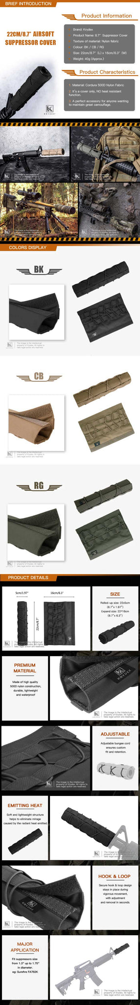 KRYDEX 22CM Muffler Protective Case For Surefire FA762K Tactical Shooting Suppressor Nylon Silencer Protector Cover MCBK