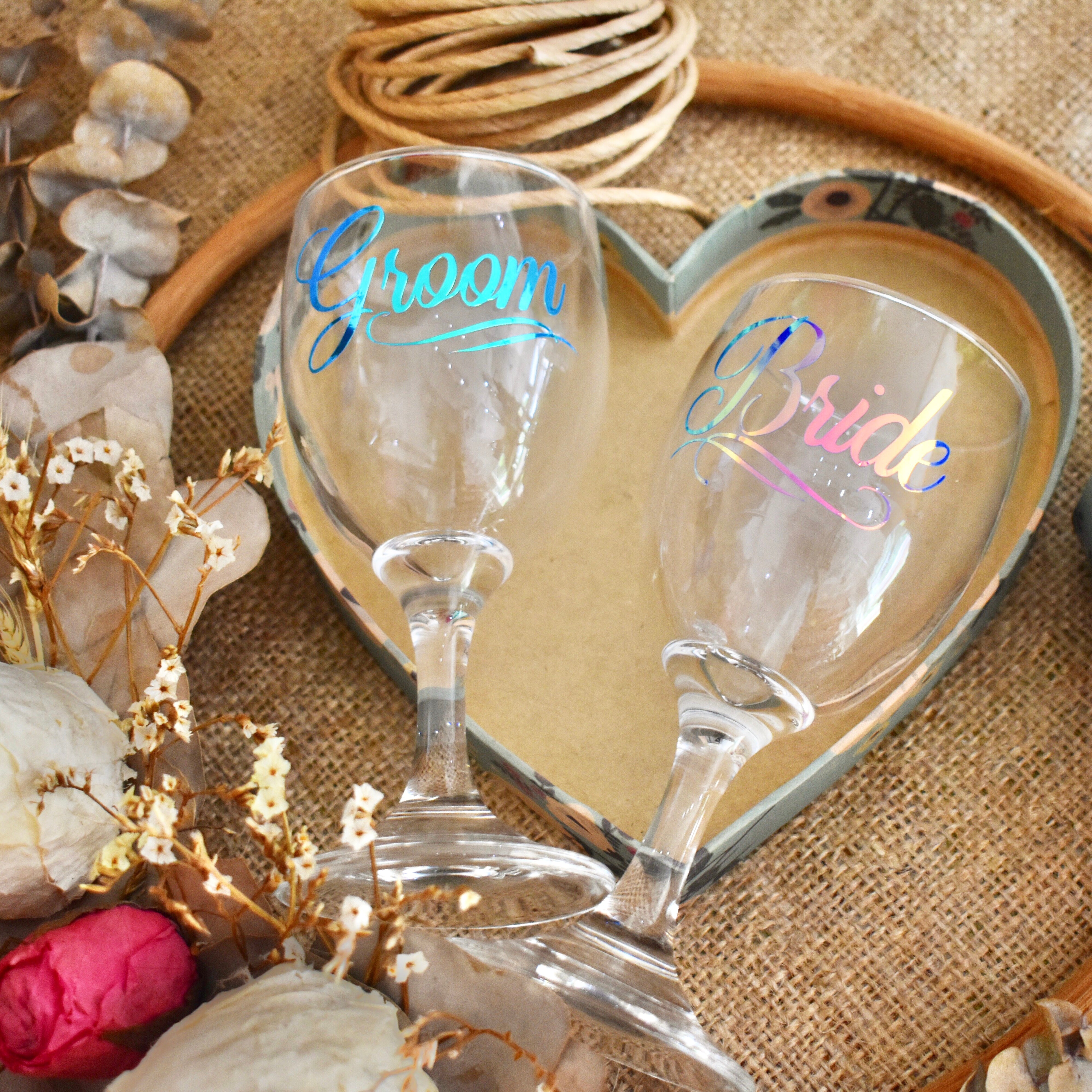Groom and Bride Wine Glasses Designed with TeckWrap Craft Opal Vinyl
