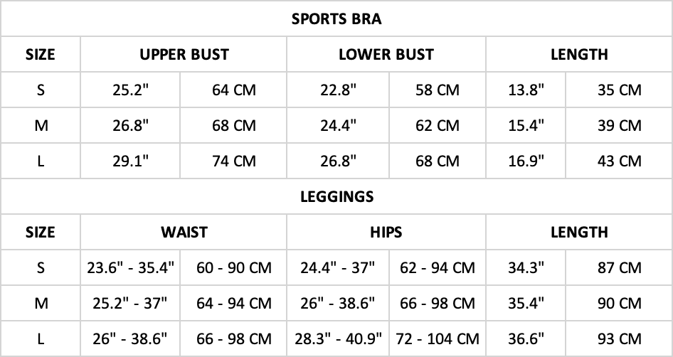 Hummingbird Solid Color Seamless Sports Set Size Chart