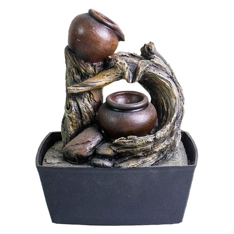 Rustic Tree Trunk & Clay Pots Tabletop Water Fountain