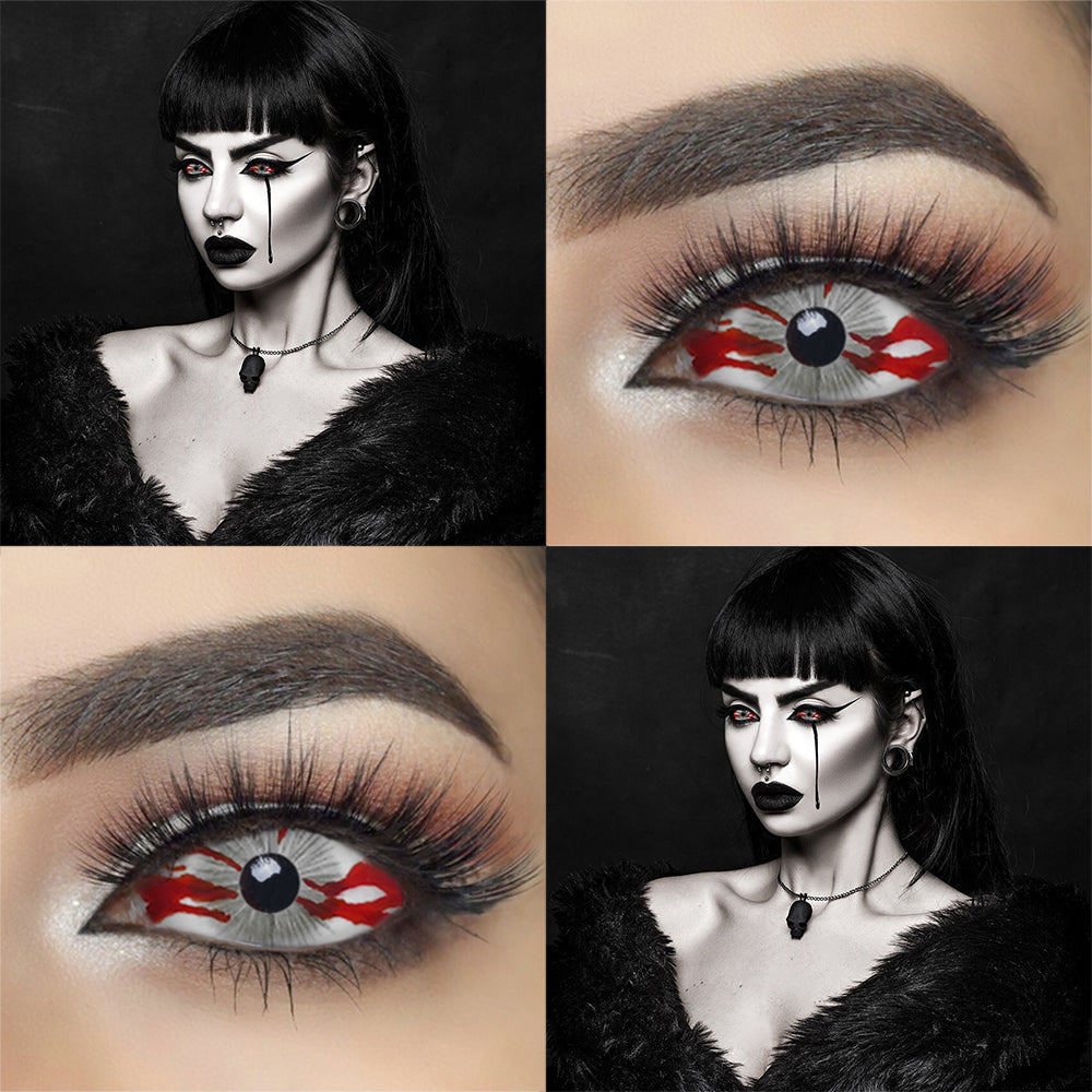 Bloodstained sclera lenses with big size diameter 22mm entirely cover the sclera and iris