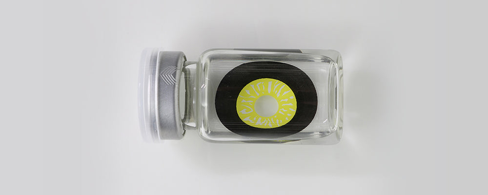 Black and Yellow 22mm sclera contact lenses which entirely cover the sclera and iris