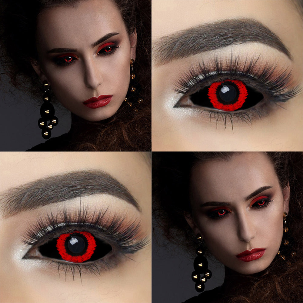 Black and red 22mm sclera contact lenses which entirely cover the sclera and iris turning the whole eye black.