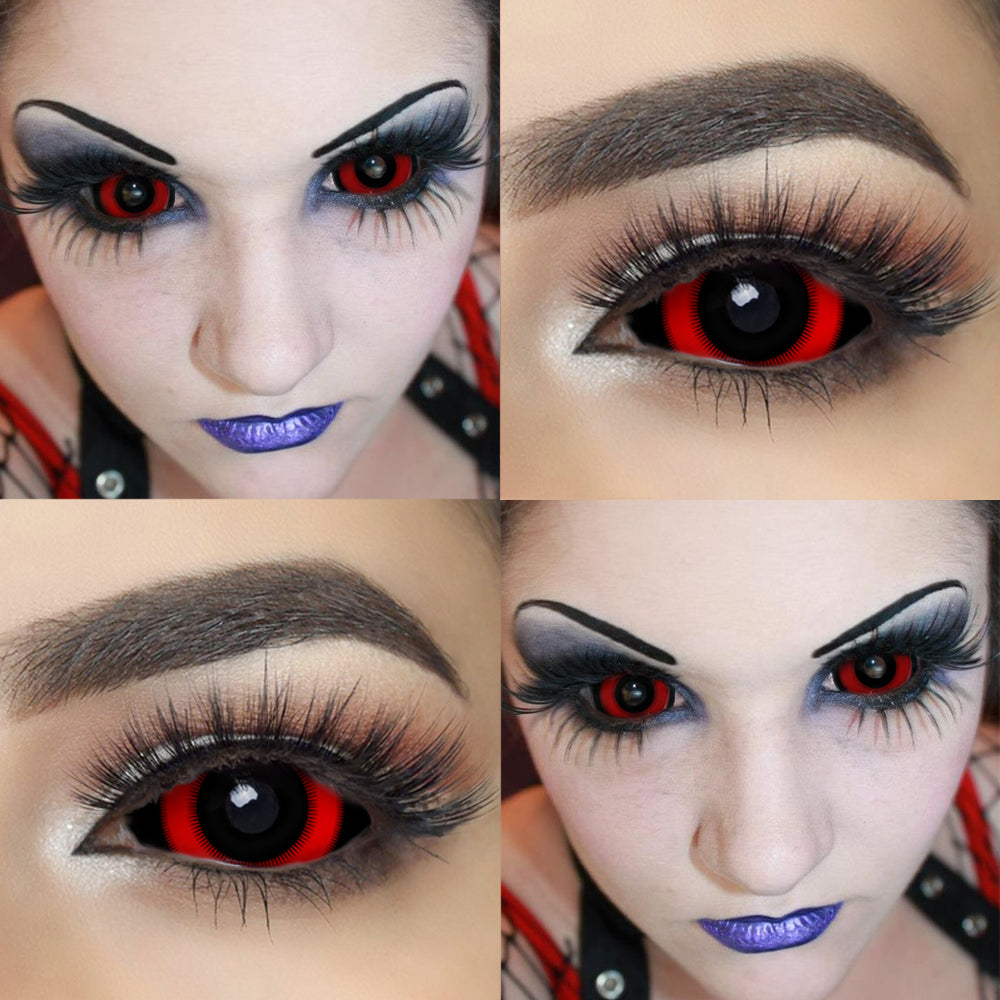 Black and red 22mm sclera contact lenses which entirely cover the sclera and iris turning the whole eye black