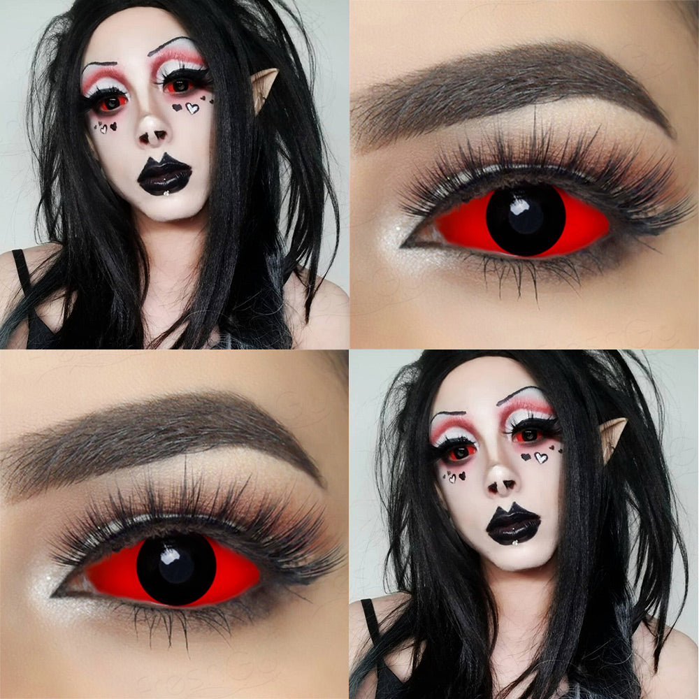 Red and black 22mm sclera contact lenses which entirely cover the sclera and iris turning the whole eye red
