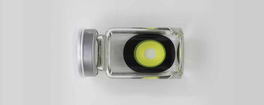 Black & yellow 22mm sclera contact lenses which entirely cover the sclera and iris