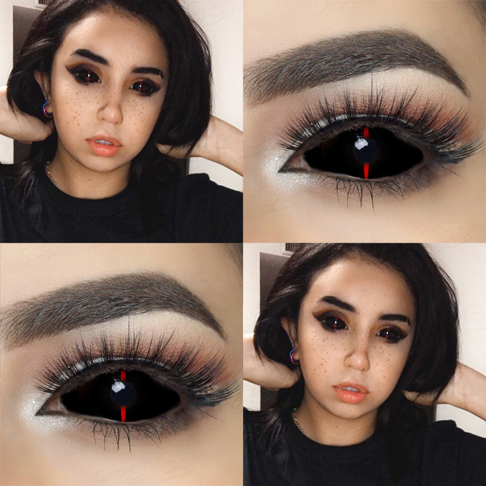 Black 22mm sclera contact lenses which entirely cover the sclera and iris, with a red slice down the center