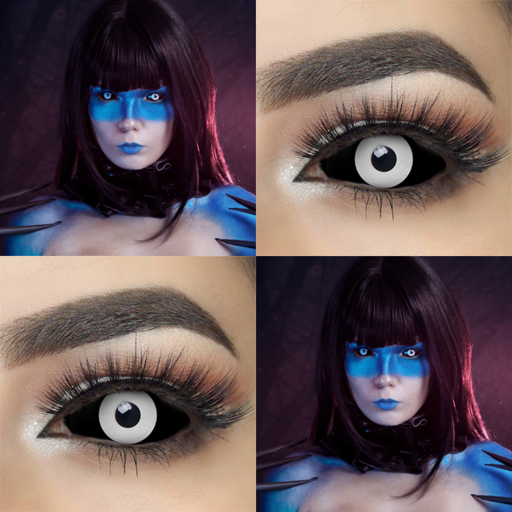 Black & white 22mm sclera contact lenses which entirely cover the sclera and iris