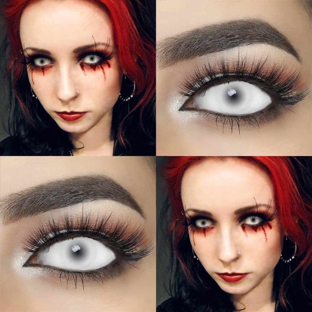 All white 22mm sclera contact lenses which entirely cover the sclera and iris